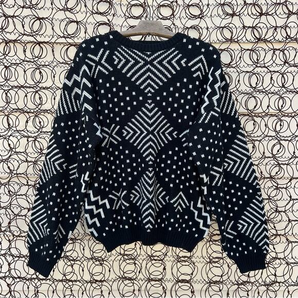 Vintage 80s Sweater Graphix Black White Geometric Diamond Dot Lines Sweater LG - Picture 1 of 4